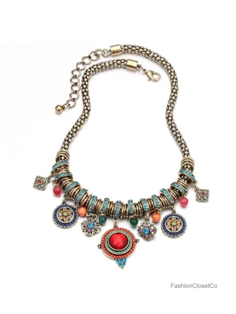 Bohemian Rhinestone Pendant Necklace Antique Gold Plated Handmade Women's